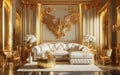 Luxurious gold vintage interior with an aristocratic baroque sofa. Gold moldings and columns