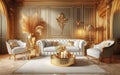 Luxurious gold vintage interior with an aristocratic baroque sofa. Gold moldings and columns