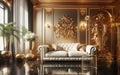 Luxurious gold vintage interior with an aristocratic baroque sofa. Gold moldings and columns