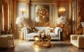 Luxurious gold vintage interior with an aristocratic baroque sofa. Gold moldings and columns