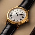 A luxurious gold watch with a textured silver dial and black leather strap Royalty Free Stock Photo