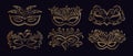 Luxurious golden carnival masks on a black background, collection. Icons, templates, holiday decor elements Royalty Free Stock Photo