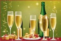 Luxurious golden champagne wine and champagne glasses