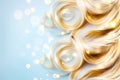Luxurious golden curls cascade gracefully against a serene blue backdrop, enhanced by shimmering sparkles that create a
