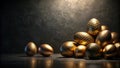 Luxurious golden eggs arranged on dark surface with subtle lighting for festive decoration. Generative AI Royalty Free Stock Photo