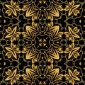 Luxurious golden embossed brocade or damask oriental patterns, symmetric ornament on black background Royalty Free Stock Photo