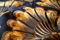 Luxurious Golden Embroidery on Blue Silk Fabric Close up Elegant Textile Design Detail Royalty Free Stock Photo