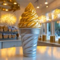 Luxurious Golden Ice Cream Cone in Elegant Shop Setting Royalty Free Stock Photo
