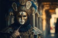 A luxurious golden male costume of Venice Carnival. Character on a black background. Generative AI