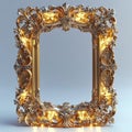 A luxurious golden ornate picture frame with intricate patterns, reflected in a blank space or mirrored surface - AI Royalty Free Stock Photo