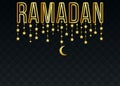 Luxurious golden Ramadan text with hanging decorations