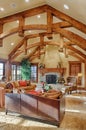 A timber frame home great room.