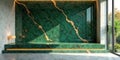 Luxurious green and gold marble interior design with modern minimalist lighting and expansive window view. Generative AI Royalty Free Stock Photo