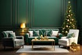 Luxurious green living space with a richly decorated Christmas tree and plush seating. Generative AI