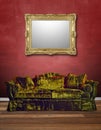 Luxurious green velvet sofa with textured red wall