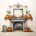 Luxurious Halloween Fireplace With Pumpkins And Books