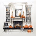 Luxurious Halloween Fireplace Sketch By Tran Nguyen