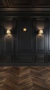 Luxurious hallway featuring rich, dark wooden wall panels with decorative moldings and warm brass lighting fixtures Royalty Free Stock Photo