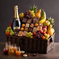 A luxurious hamper basket overflowing with exotic fruits, fine chocolates