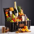 A luxurious hamper basket overflowing with exotic fruits, fine chocolates