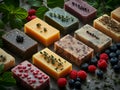 Luxurious handmade soaps, rich with botanicals and berries on stone.