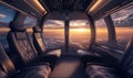 Luxurious helicopter interior with panoramic sunset view over clouds, featuring plush leather seats and modern cockpit Royalty Free Stock Photo