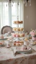 Luxurious high tea party in a classic elegant interior with sweets and tea, tablescape, tea table setting. Generative Ai Royalty Free Stock Photo