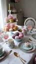 Luxurious high tea party in a classic elegant interior with sweets and tea, tablescape, tea table setting. Generative Ai Royalty Free Stock Photo