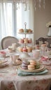 Luxurious high tea party in a classic elegant interior with sweets and tea, tablescape, tea table setting. Generative Ai Royalty Free Stock Photo