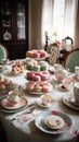 Luxurious high tea party in a classic elegant interior with sweets and tea, tablescape, tea table setting. Generative Ai Royalty Free Stock Photo