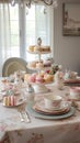 Luxurious high tea party in a classic elegant interior with sweets and tea, tablescape, tea table setting. Generative Ai Royalty Free Stock Photo