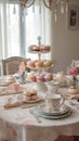 Luxurious high tea party in a classic elegant interior with sweets and tea, tablescape, tea table setting. Generative Ai Royalty Free Stock Photo