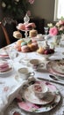 Luxurious high tea party in a classic elegant interior with sweets and tea, tablescape, tea table setting. Generative Ai Royalty Free Stock Photo