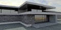 Luxurious high-tech building. Large terrace and flat roof. Slate gray finish. Concrete steps of the porch. 3d render