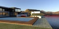 Luxurious high-tech villa with a swimming pool on the shore of a mountain lake. The flooring is made of paving stones and decking