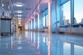 Luxurious hospital corridor, defocused, emanates a serene and peaceful atmosphere