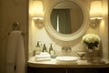 luxurious hotel bathroom, with round white wash basin and plush towels Royalty Free Stock Photo