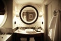 luxurious hotel bathroom, with round white wash basin and plush towels Royalty Free Stock Photo
