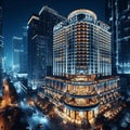 A luxurious hotel building in a city at night