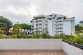 Luxurious hotel resort balcony terrace view with garden background