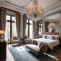 A luxurious hotel room with elegant furnishings