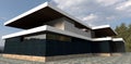 Luxurious house finished with white pearl granite. Plinth red slate. Blue cloudy sky. 3d render Royalty Free Stock Photo