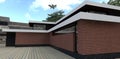 Luxurious house with a flat roof and mirrored windows. Wall decoration is red and black brick. Paving stone concrete tiles. 3d