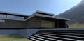 Luxurious house in the fog at the foot of the mountain. The stairs descend to the lawn. Finishing slate and white brick. 3d render
