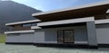 Luxurious house on a mountain meadow. Finishing white and red brick. Flat roof and molding along the facade. 3d render