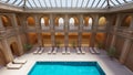 Luxurious indoor pool area showcases elegant classical architecture with arched windows and palm trees, creating a serene