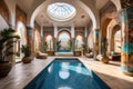 luxurious indoor swimming pool in Moroccan Arab style equipped with columns and exclusive furniture in a luxury villa Royalty Free Stock Photo