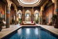 luxurious indoor swimming pool in Moroccan Arab style equipped with columns and exclusive furniture in a luxury villa Royalty Free Stock Photo