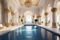 luxurious indoor swimming pool in Moroccan Arab style equipped with columns and exclusive furniture in a luxury villa