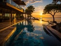 Luxurious infinity pool at a tropical resort, capturing the seamless blend of the pool\'s edge with the ocean horizon,